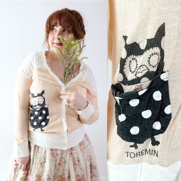 Vintage Sweaters - Owl Cardigan Knit Thin Spring Cat Buttons Fun Japanese